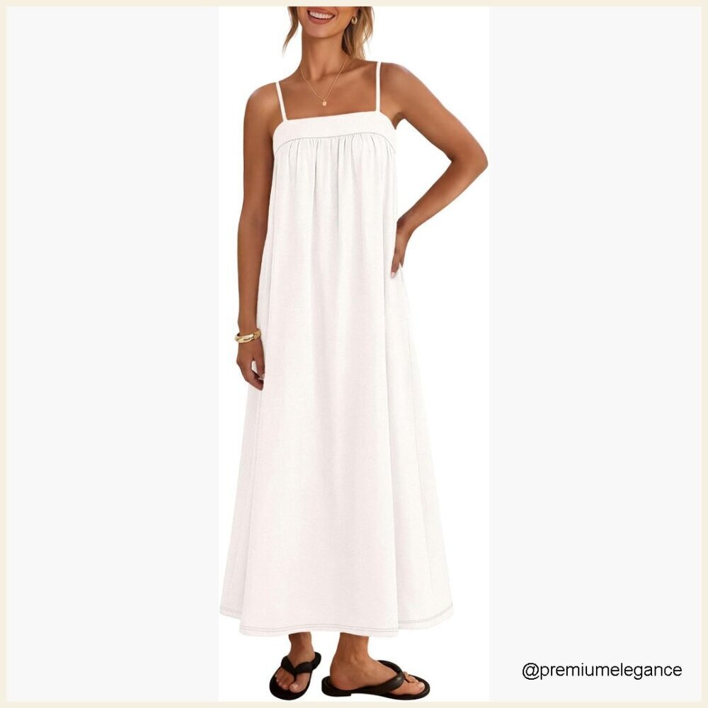 Linen Blend Maxi Sundress with Spaghetti Straps and Pockets